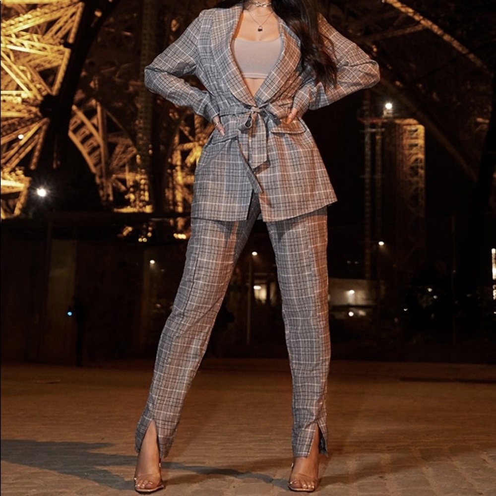 Grey Check Print Straight Leg Pant
